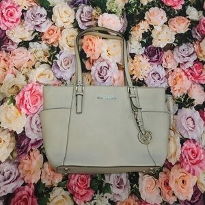 Michael Kors MK Sand tan cream medium shoulder tote bag purse office travel guc